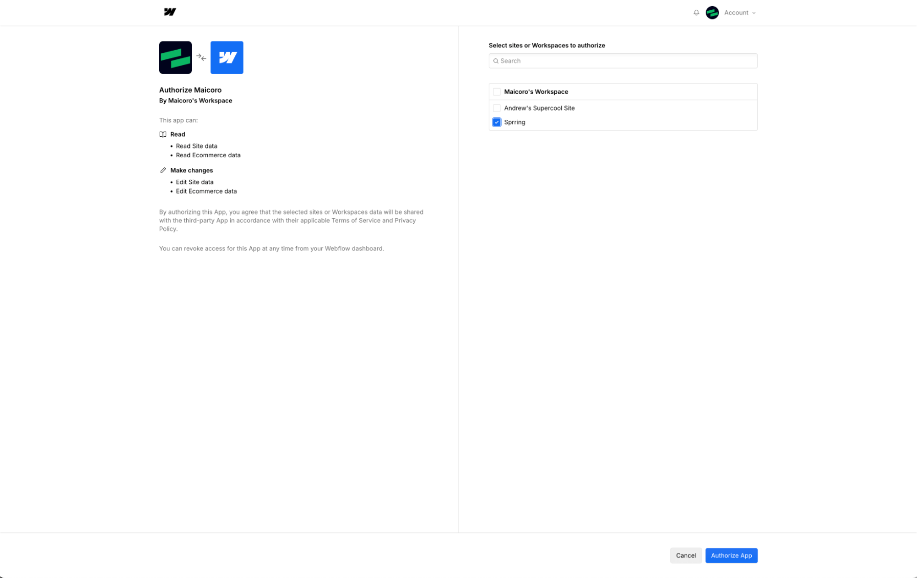 Webflow authorization process showing the connection flow